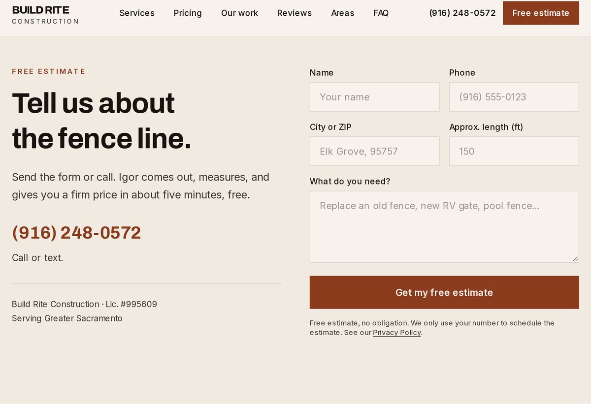 The estimate form on thebuildriteconstruction.com with fields for name, phone, city or ZIP, approximate length and a note
