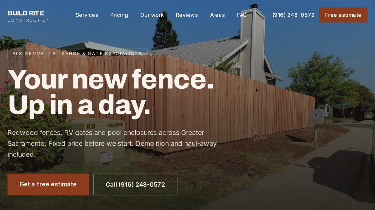 The first screen of thebuildriteconstruction.com: a redwood fence photo, the headline, and buttons for a free estimate and a call