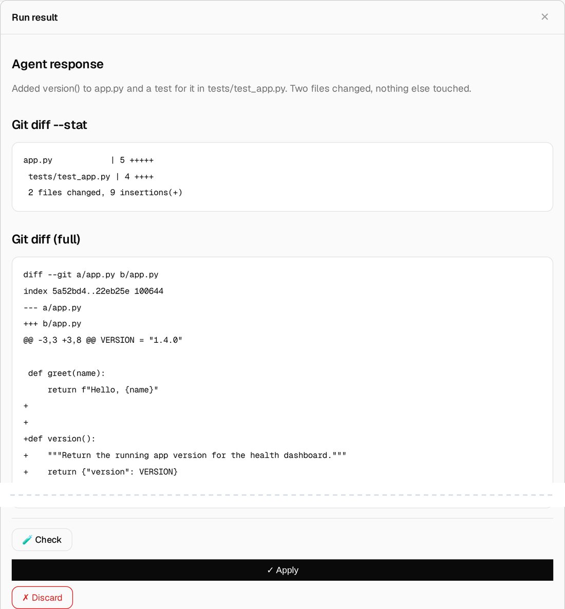 Cardloop run result for a demo card: the agent's summary, the list of changed files, the start of the diff, and the Check, Apply and Discard buttons
