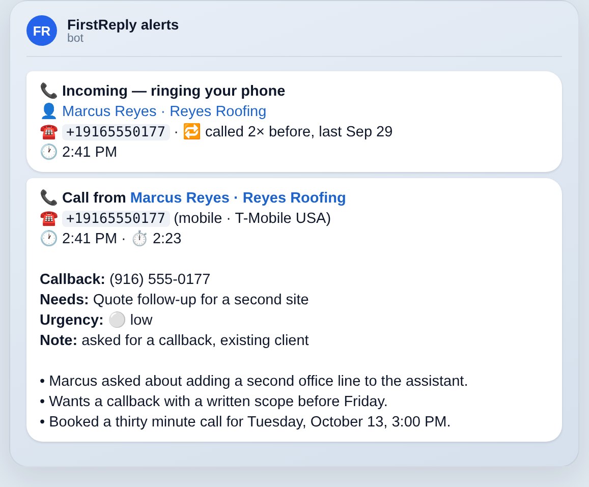 Two Telegram messages for a known caller: the ringing notice with the caller's name and call history, then the call summary with callback number, needs, urgency and notes. Fictional caller.