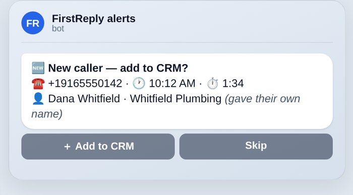 Telegram message after the call asking whether to add the new caller to the CRM, with Add to CRM and Skip buttons. Fictional caller.