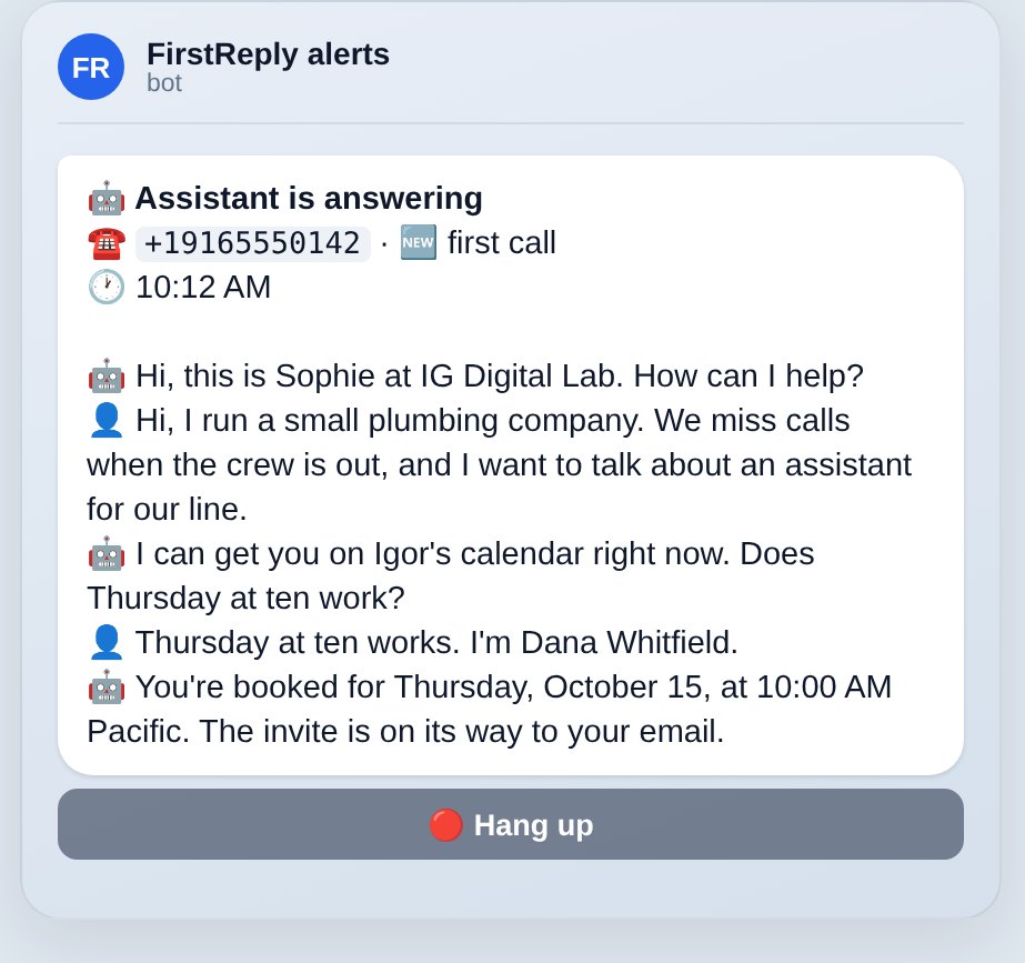 Telegram message during a call answered by the assistant: the caller's number, the live transcript and a Hang up button. Fictional caller.