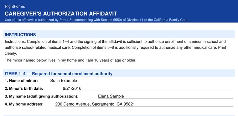 Top of a generated Caregiver's Authorization Affidavit filled in with a fictional family