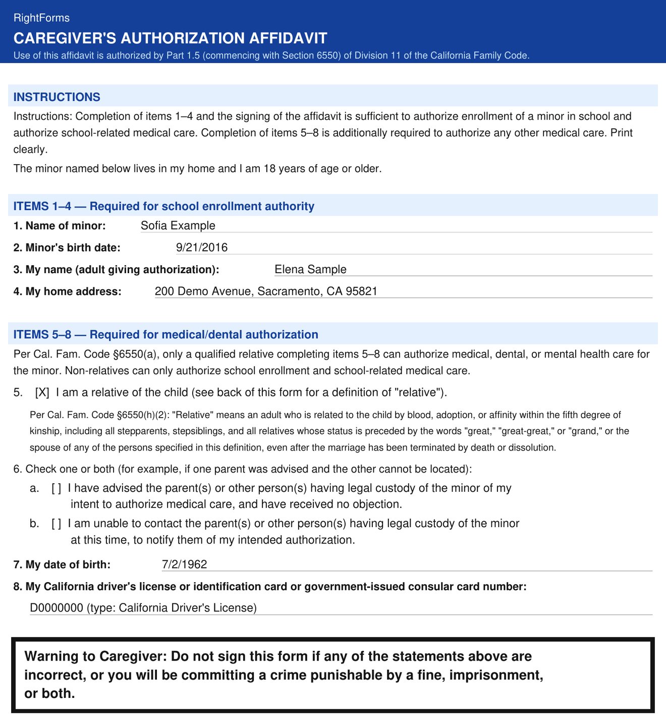 First page of a Caregiver's Authorization Affidavit generated by RightForms for a fictional family: items 1 to 8, the relative question answered, warnings and the declaration under penalty of perjury