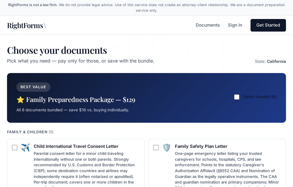 The RightForms document catalog: a six-document family package and individual California documents, each showing who takes part in it