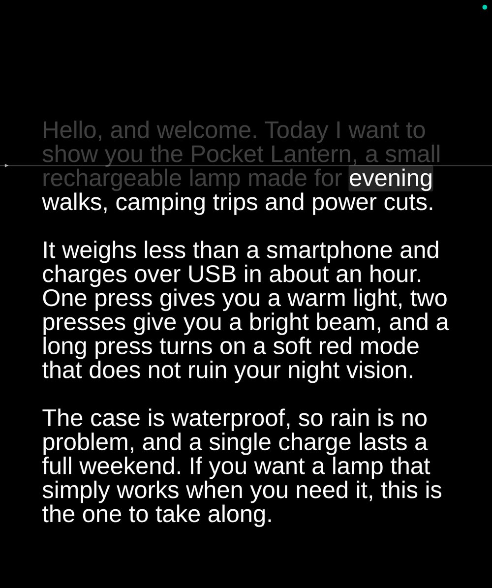 The teleprompter's reading screen on a tablet: the lines already read are faded, the current word is highlighted on the reading line, the rest of the script below